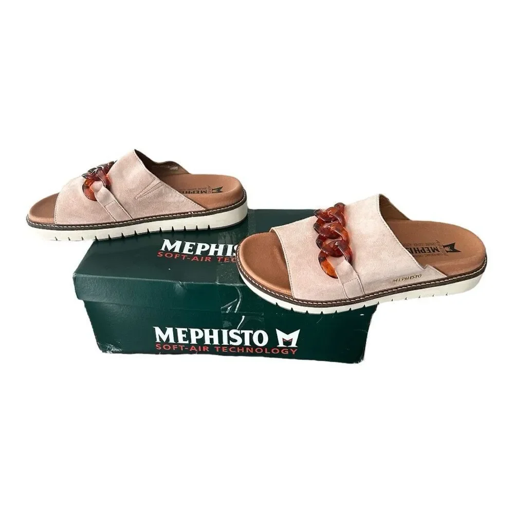 Mephisto Beverly Suede Slide Sandals EU 39 US 9 Sand Tan Tortoise Chain